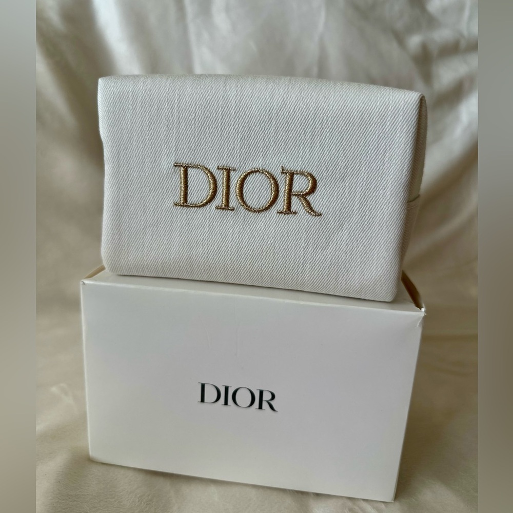 DIOR White Makeup Zipper Pouch Bag with Gold Embroidery NEW IN BOX